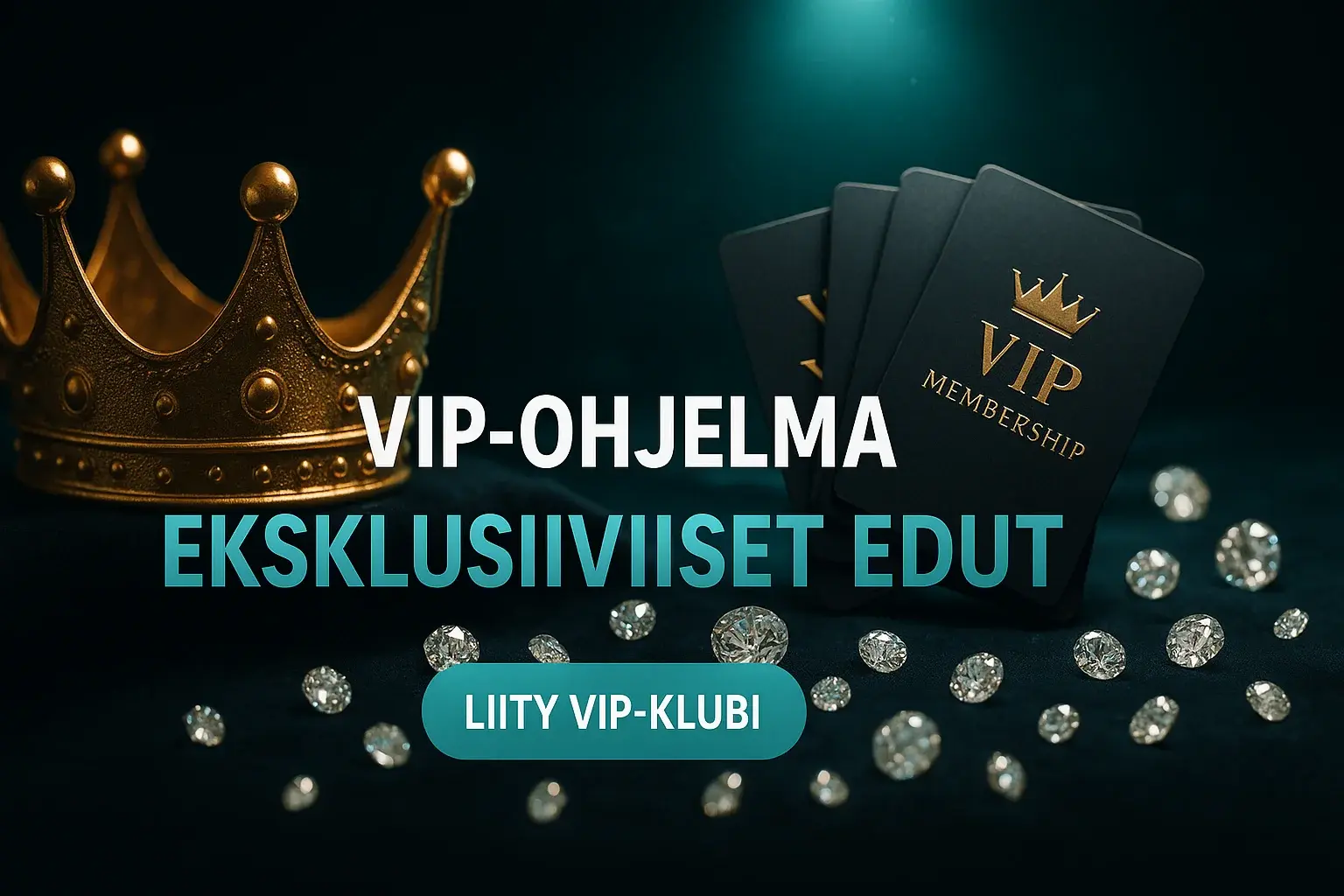 VIP-kasino banneri, kultakruunu, jäsenkortit ja timantit teal-valossa