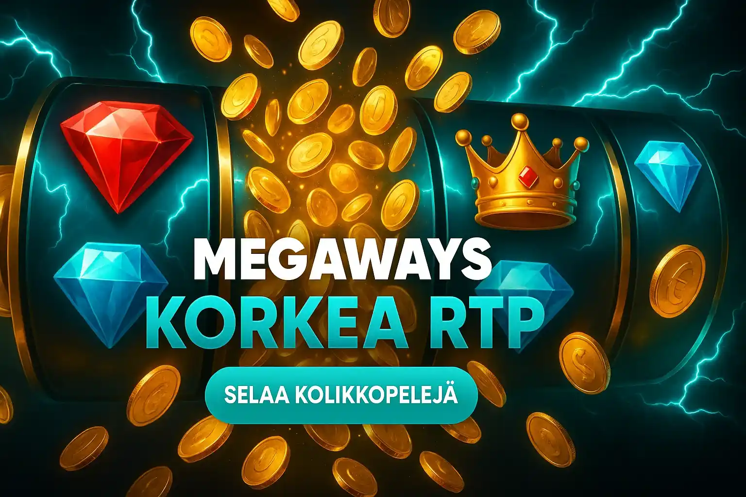 Fotorealistinen suomalainen kasinobanneri, Megaways, korkea RTP ja kolikkopelit CTA