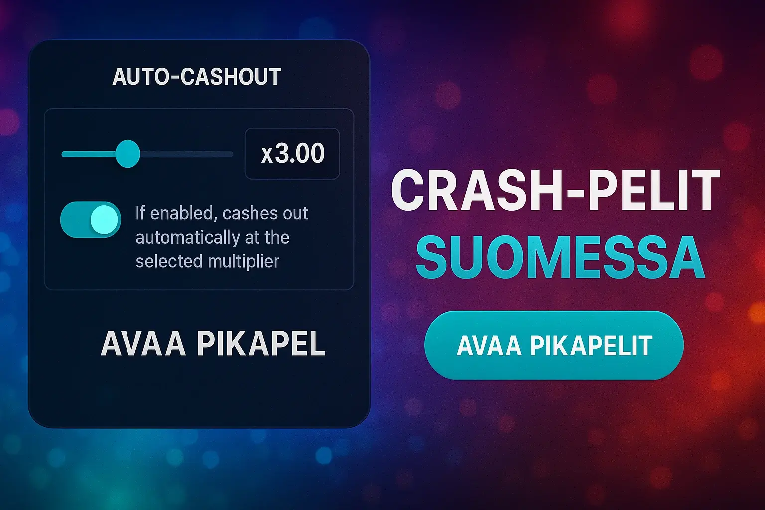 Suomalainen crash-pelien banneri auto-cashout-liukusäätimellä ja CTA-painikkeella