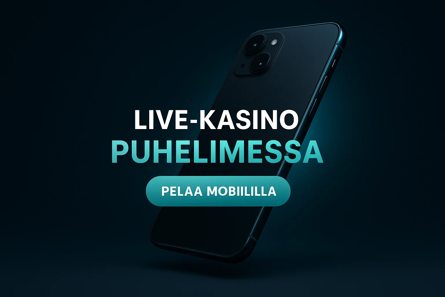 Fotorealistinen suomalainen live-kasinobanneri, älypuhelin ja teksti Live-kasino puhelimessa
