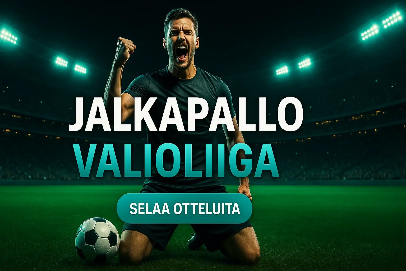 Fotorealistinen suomalainen vedonlyöntibanneri, jalkapalloilija juhlii maalinsa stadionilla